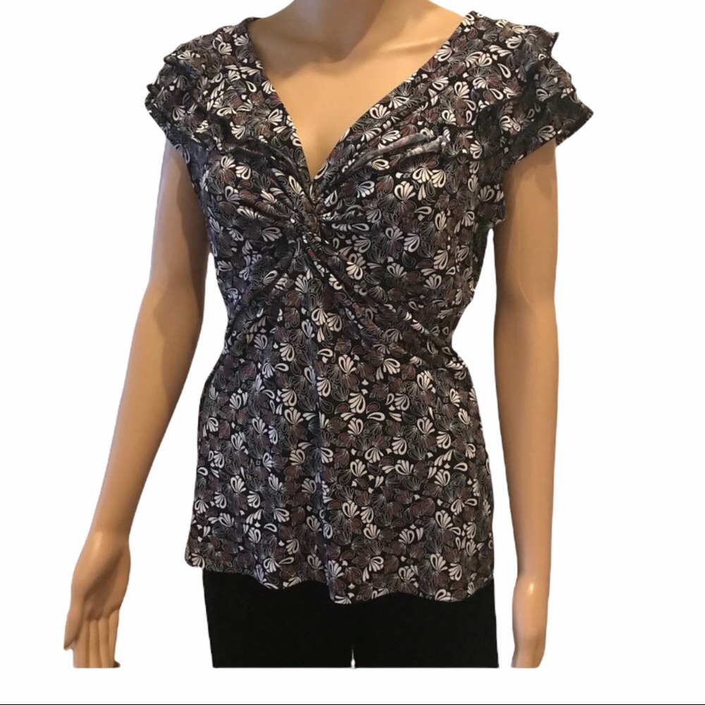 Susan Lawrence flutter sleeve V neck print top Med